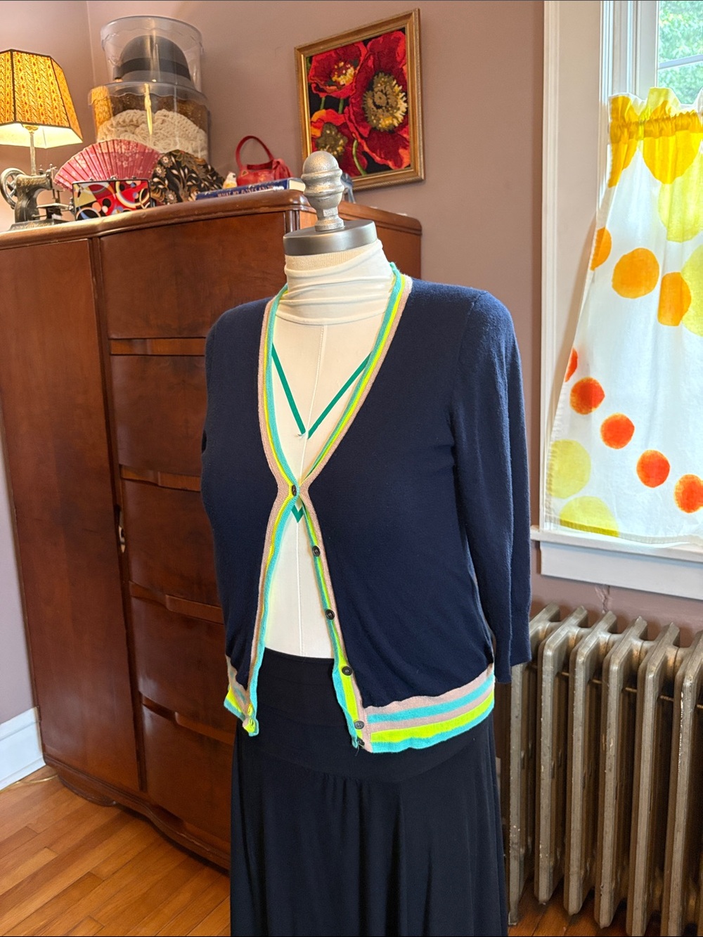 J. Crew Navy merino Cardigan with Neon Multi-Color Stripe Trim women’s Medium